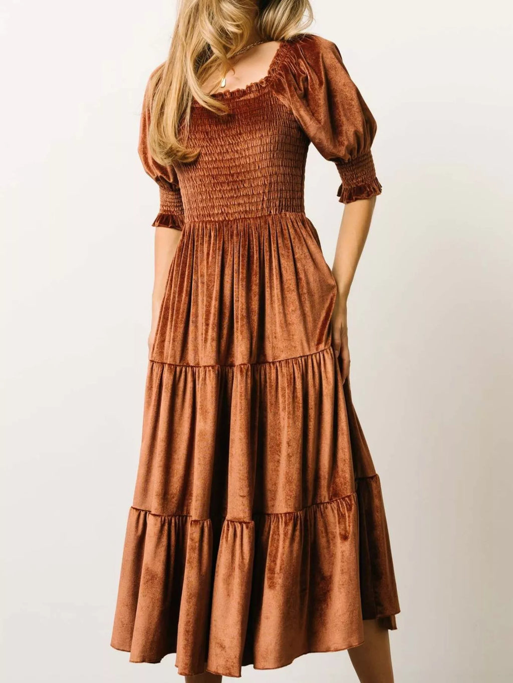 Velvet Smocked Tiered Midi Dress