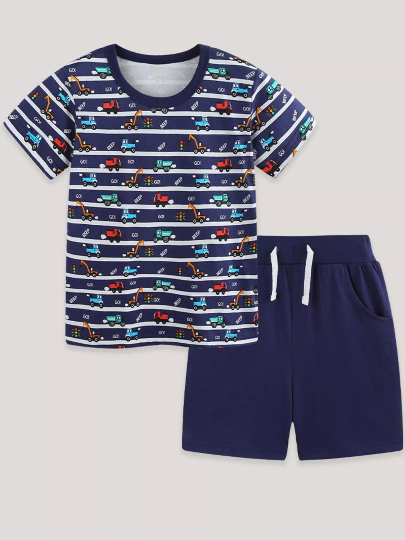 Children's Vehicle Print Striped Tee & Shorts Set