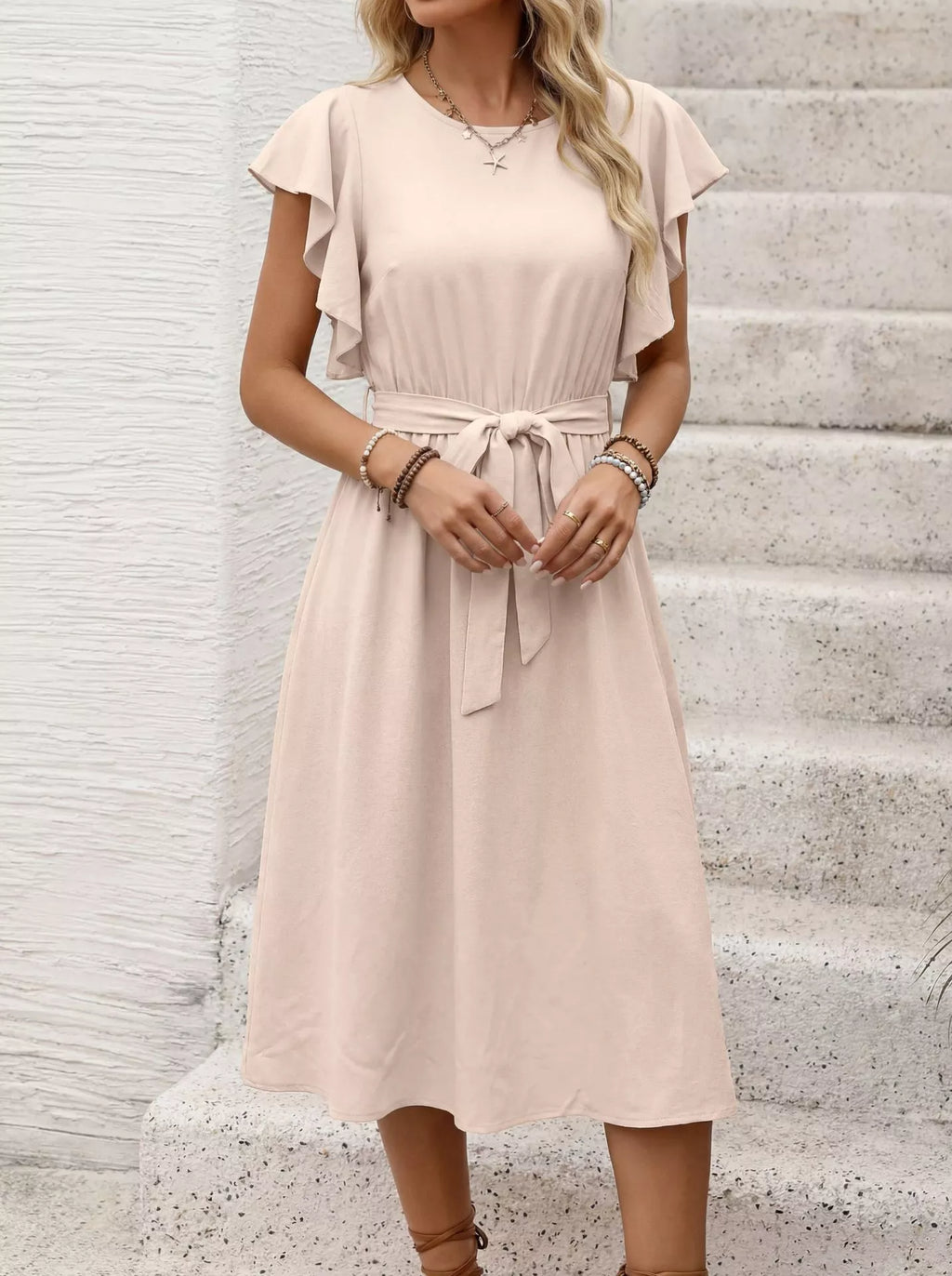 Ruffle Sleeve Tie Waist Midi Dress