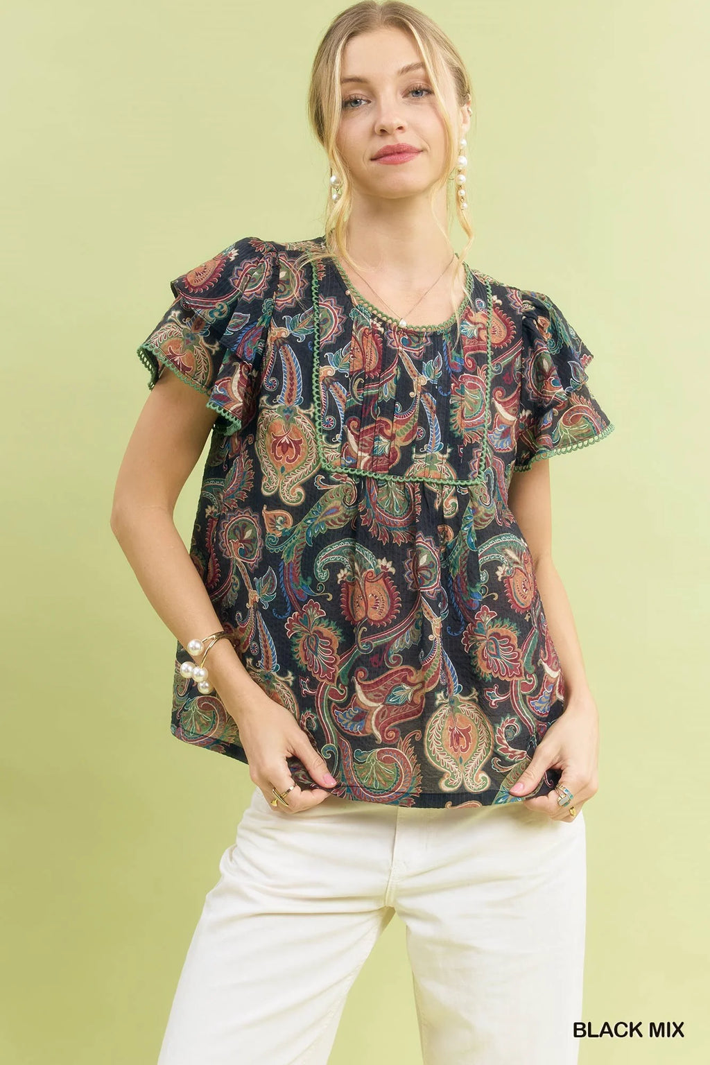 Umgee Mix Paisley Ruffle Sleeve Top