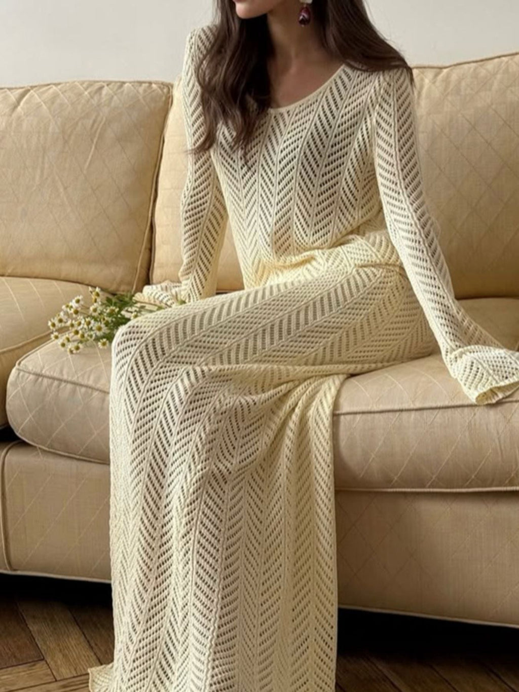 Openwork Long Sleeve Knit Top and Skirt Set
