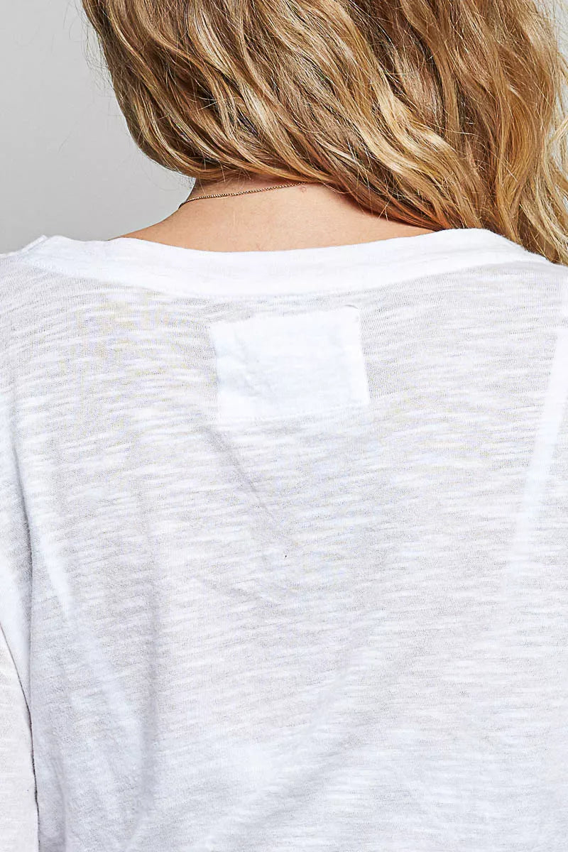 POL Contrast Hand-Stitch V-Neck Lightweight Knit Long Sleeve Top