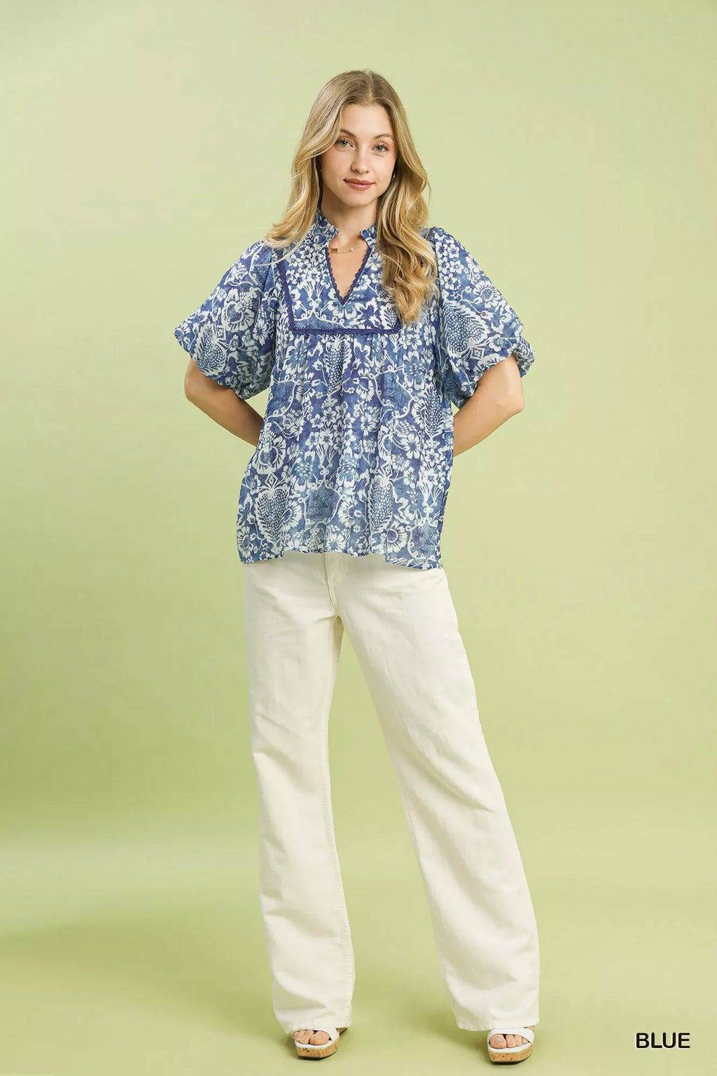 Umgee Abstract Print Ruffled Puff Sleeve Top
