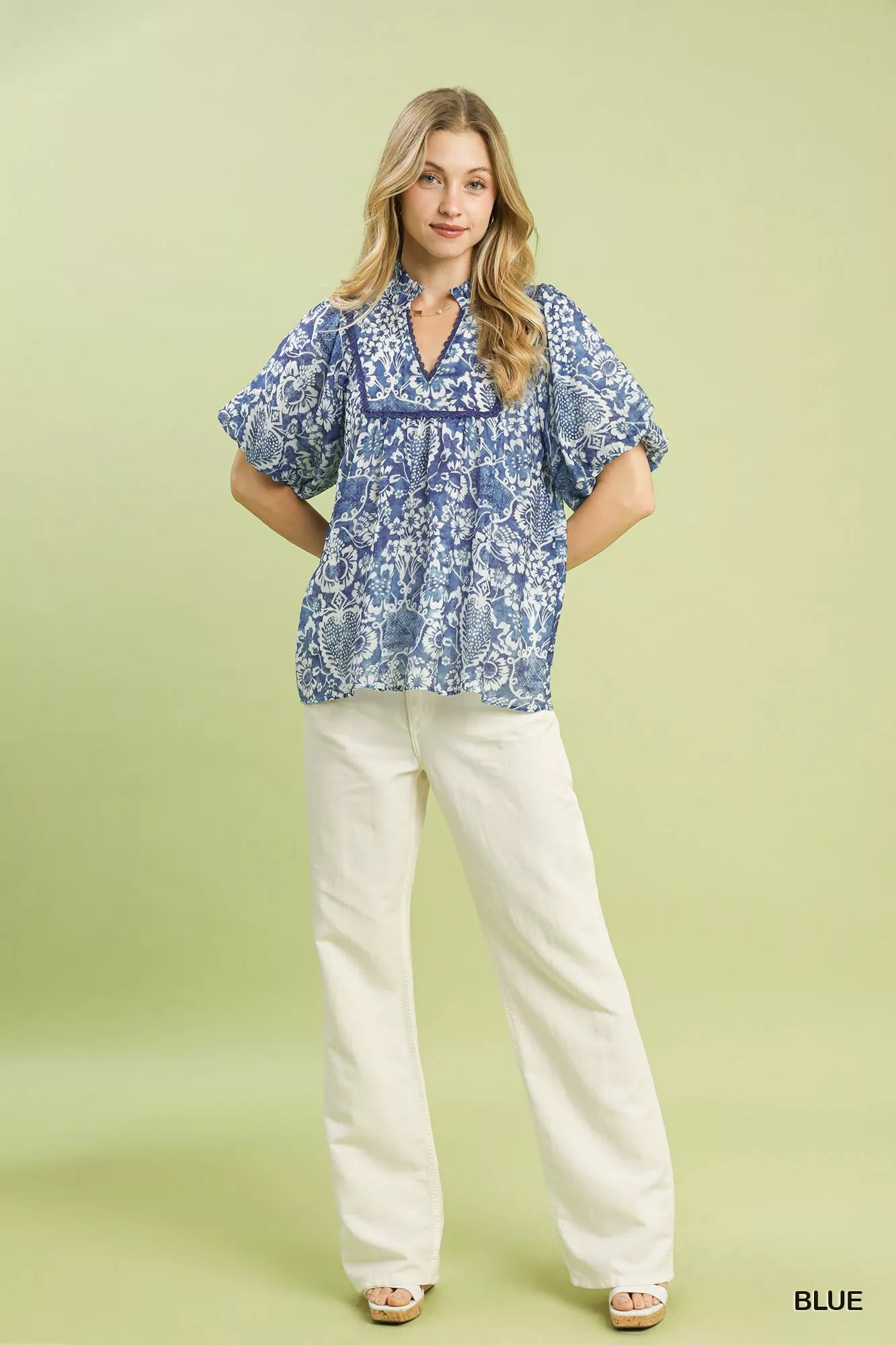 Umgee Abstract Print Ruffled Puff Sleeve Top