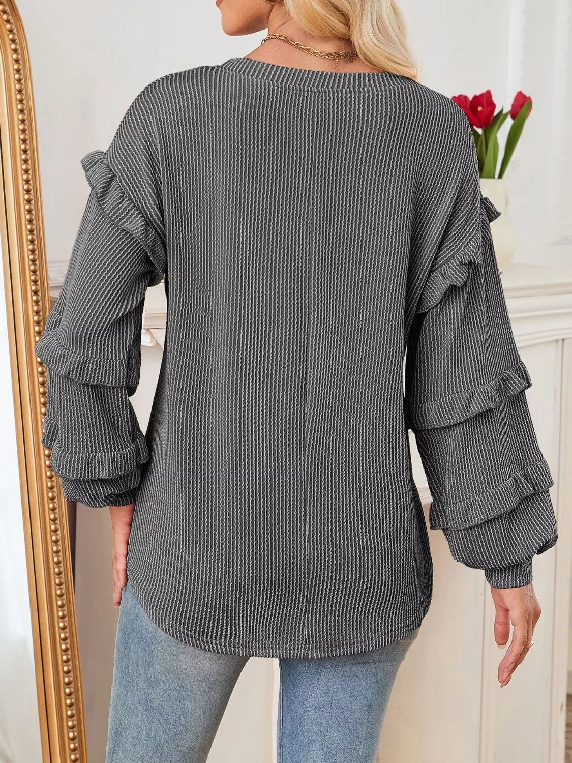 Ruffled Long Sleeve Knit T-Shirt