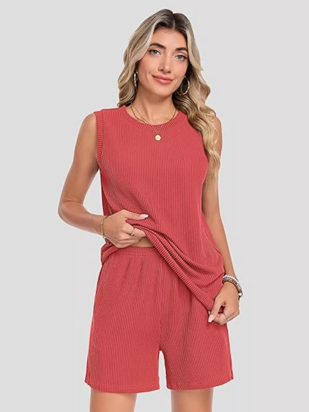Casual Ribbed Knit Sleeveless Top and Shorts Set