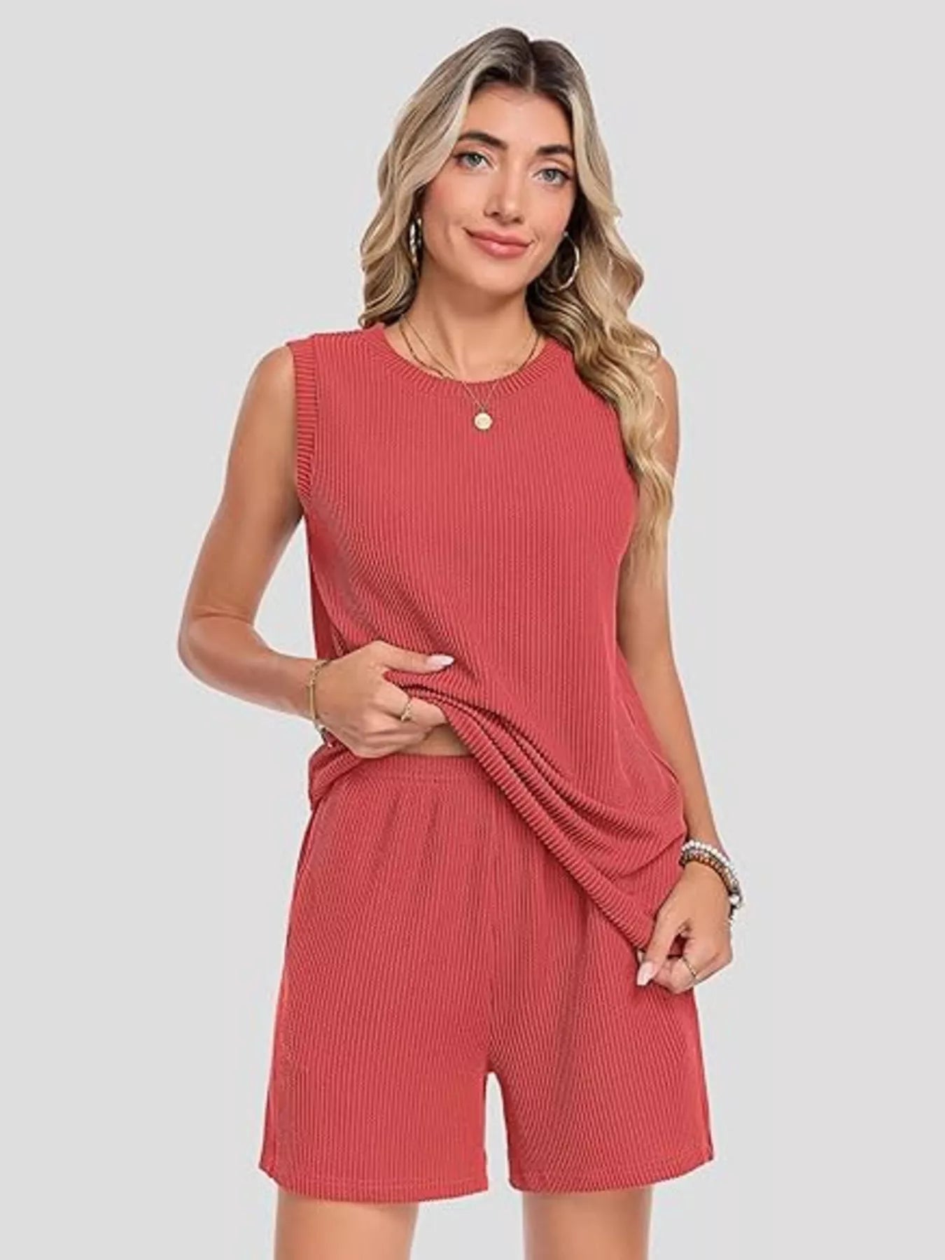 Casual Ribbed Knit Sleeveless Top and Shorts Set