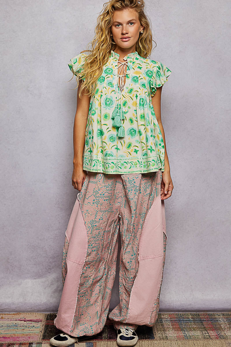 POL Tassel Tied Floral Flutter Sleeve Blouse