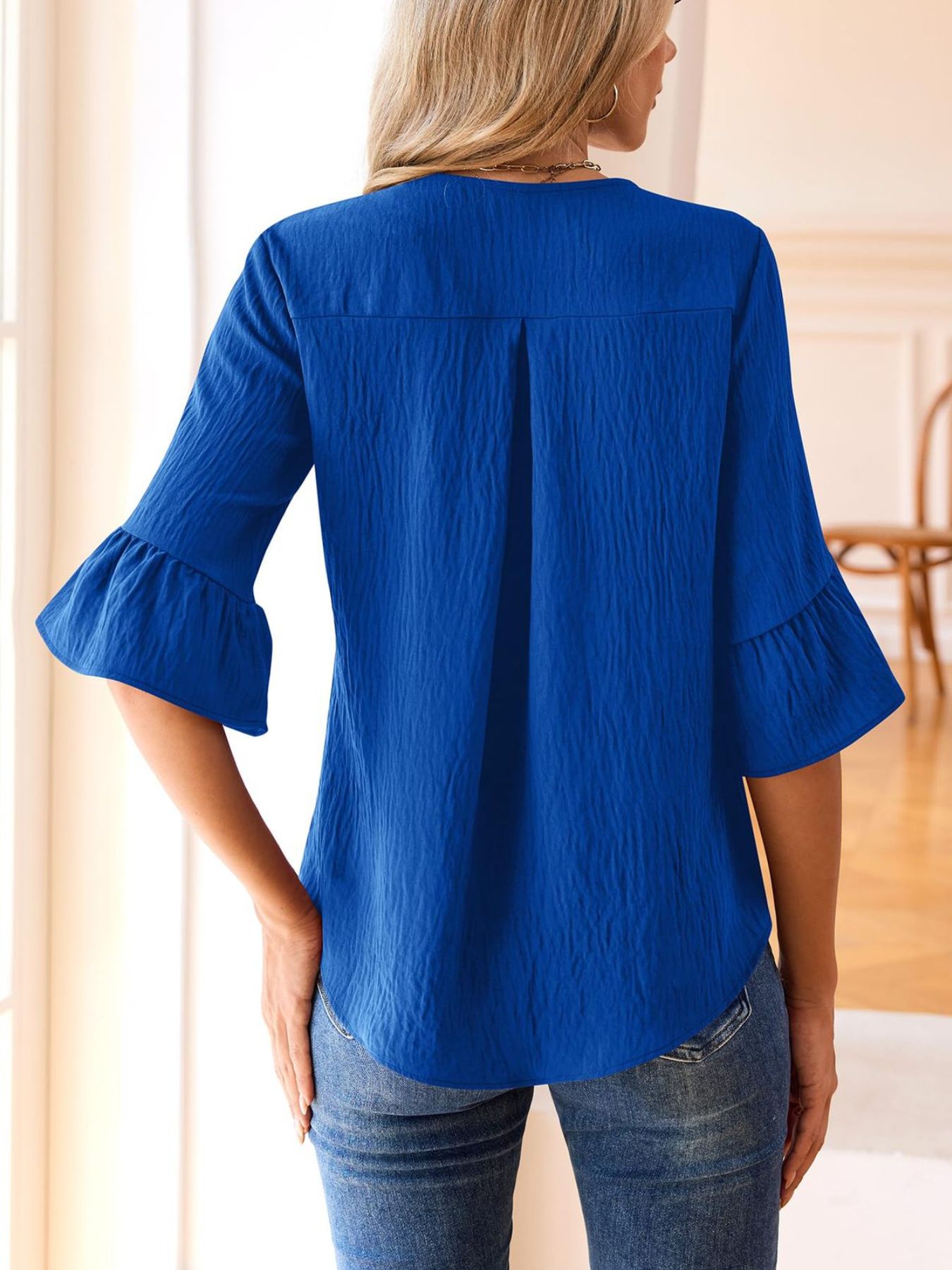 Ruffle V-Neck Flounce Sleeve Blouse