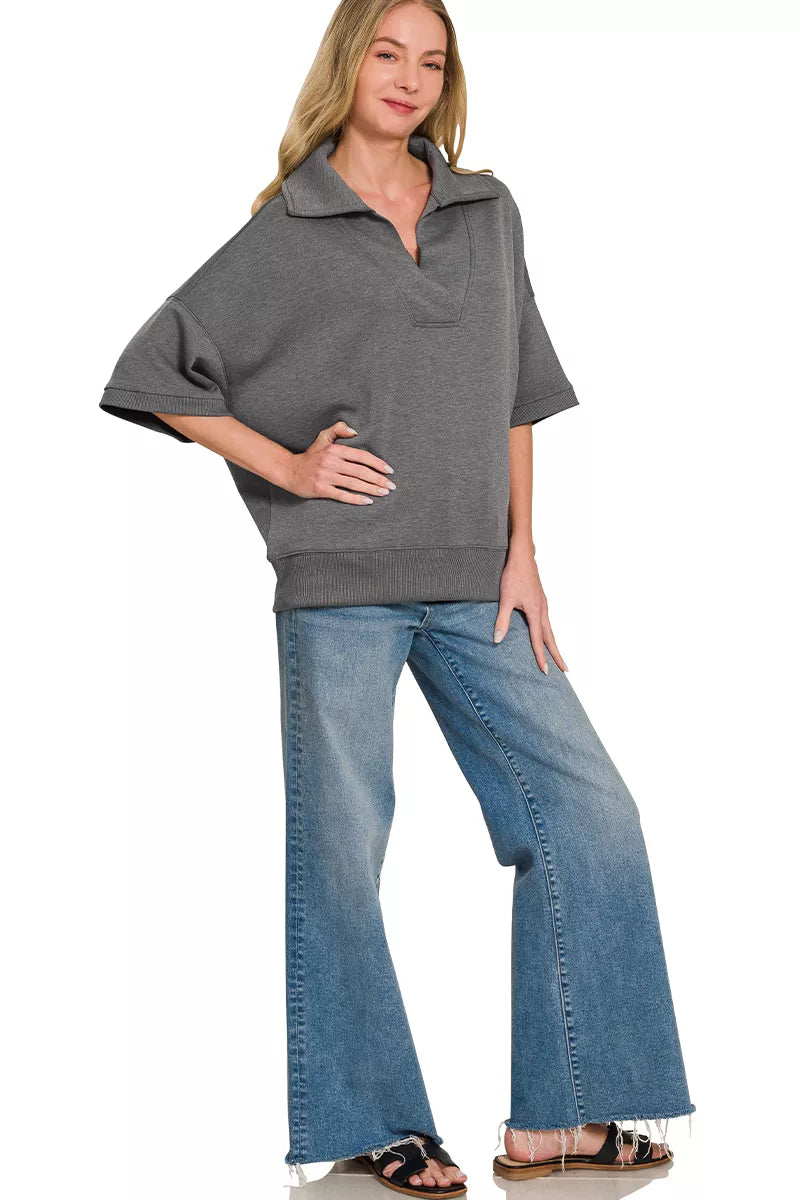 Zenana Scuba Collared Short Sleeve Pullover