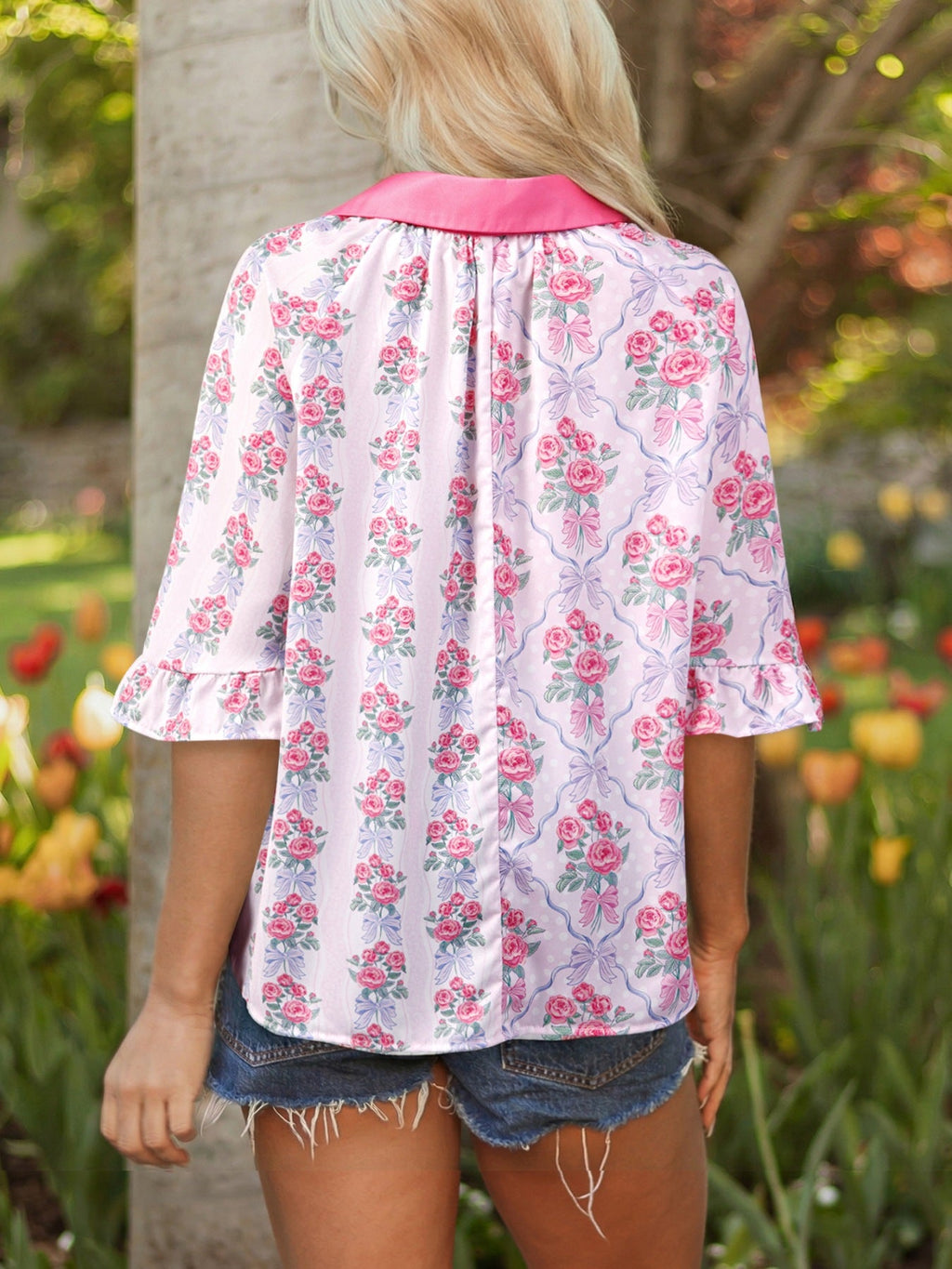 Floral Collared Ruffled Half Sleeve Shirt