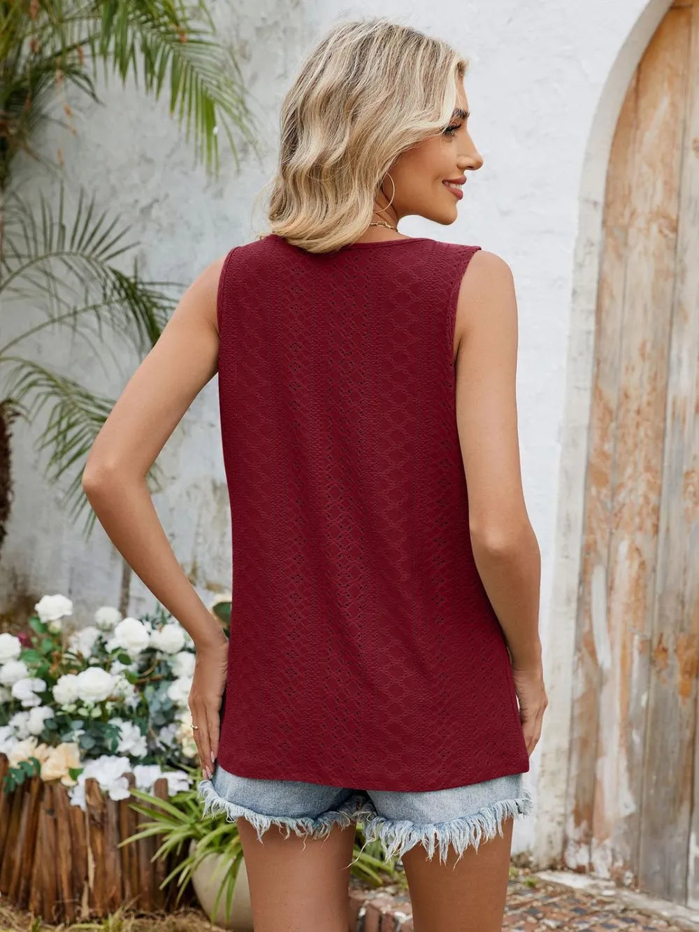Eyelet Cutout Round Neck Tank