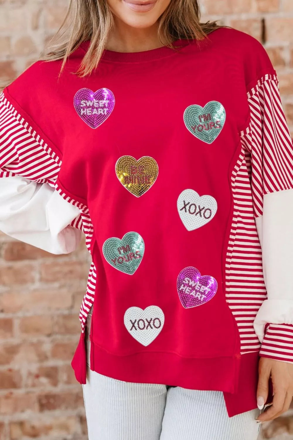 Valentines Day Sequin Heart Striped Color Block Patchwork Sweatshirt