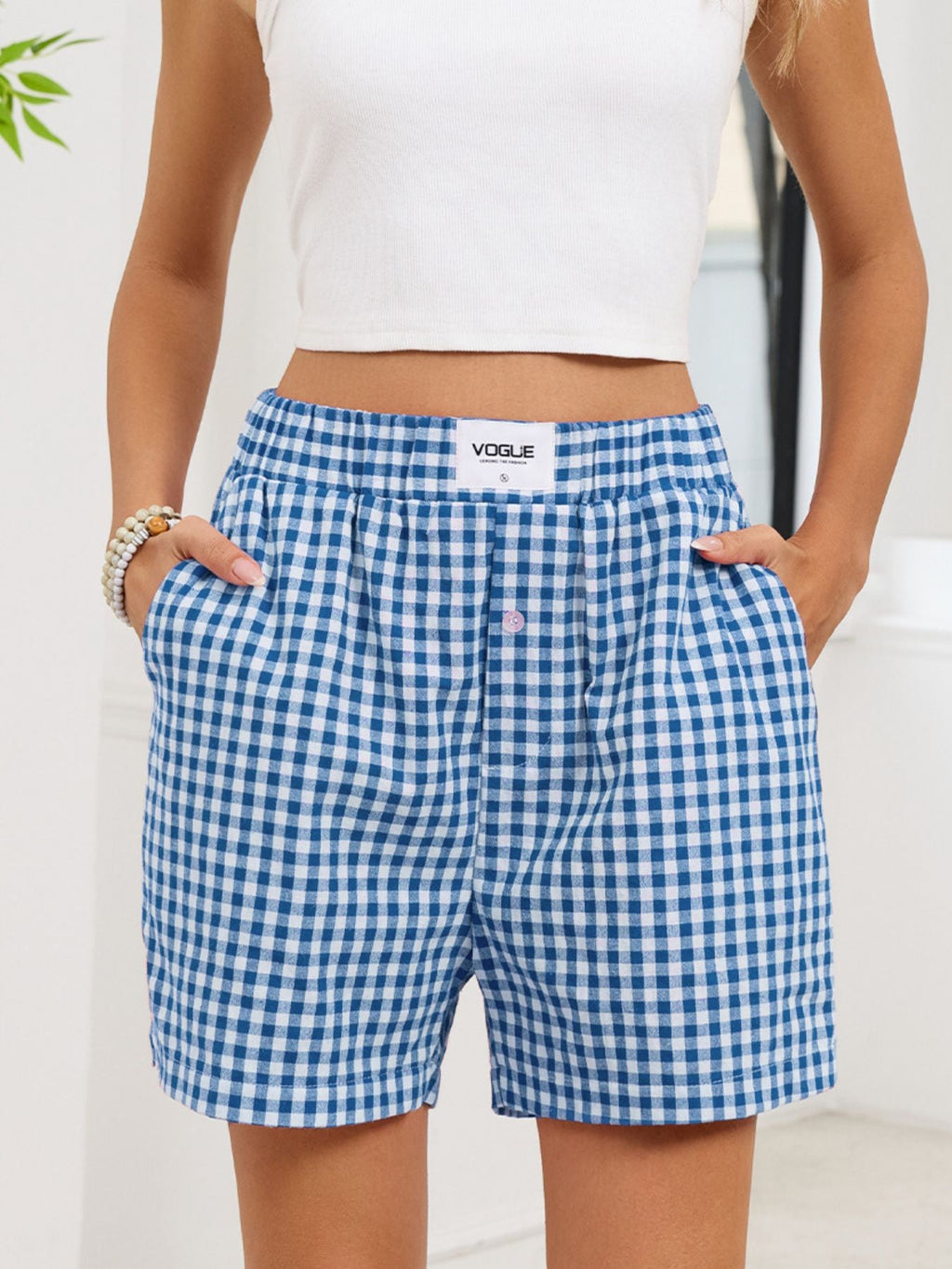 Gingham Elastic Waist Casual Shorts