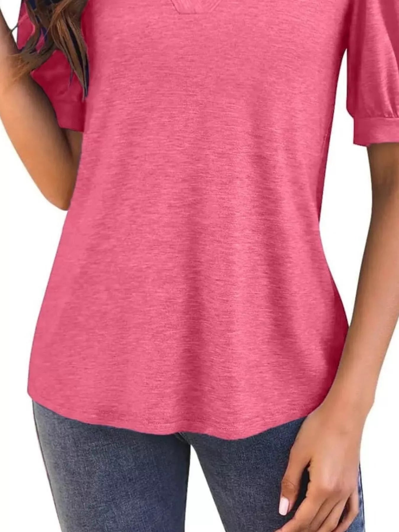 Puff Sleeve Notched Casual T-Shirt