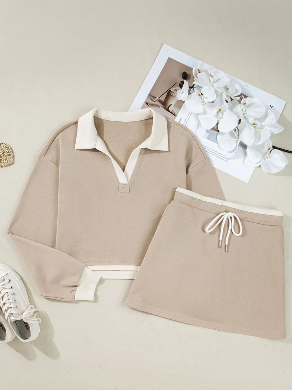 Contrast Collared Neck Top and Drawstring Mini Skirt Set
