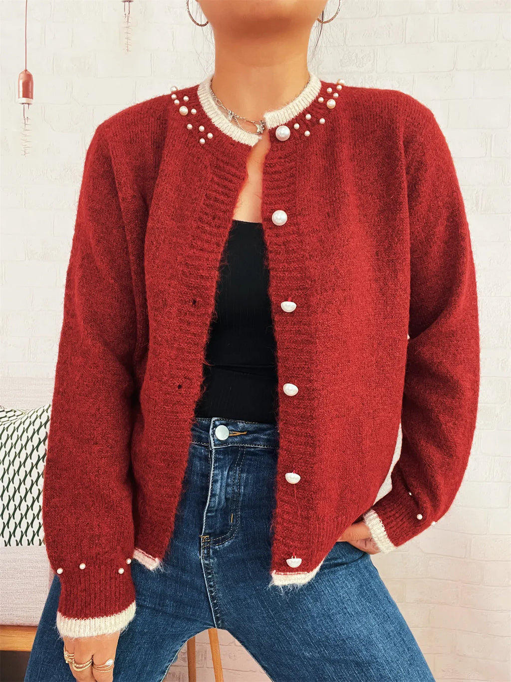 Pearl Embellished Button-Front Cardigan