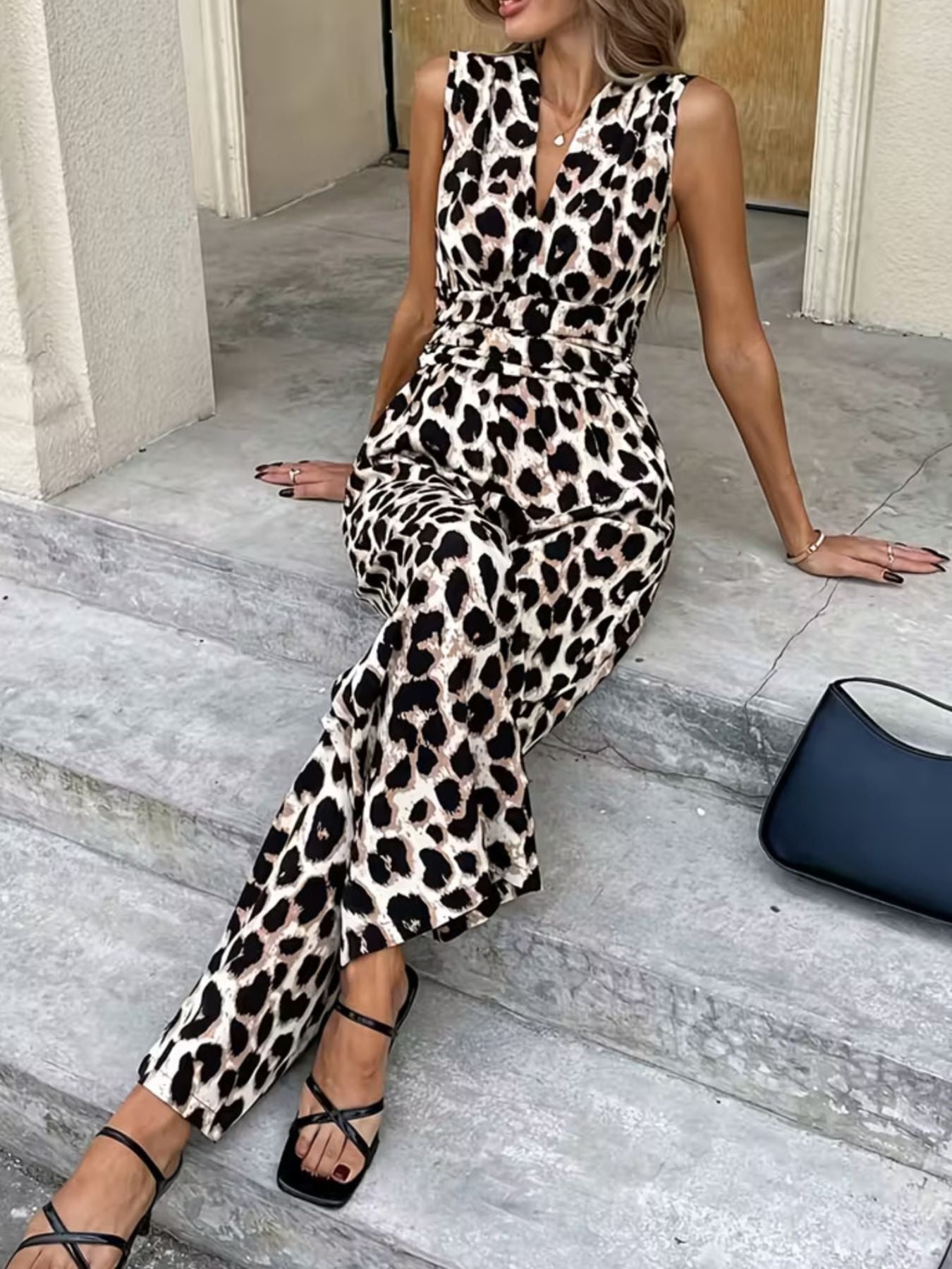 Sleeveless V-Neck Leopard Print Wide Leg Jumpsuit