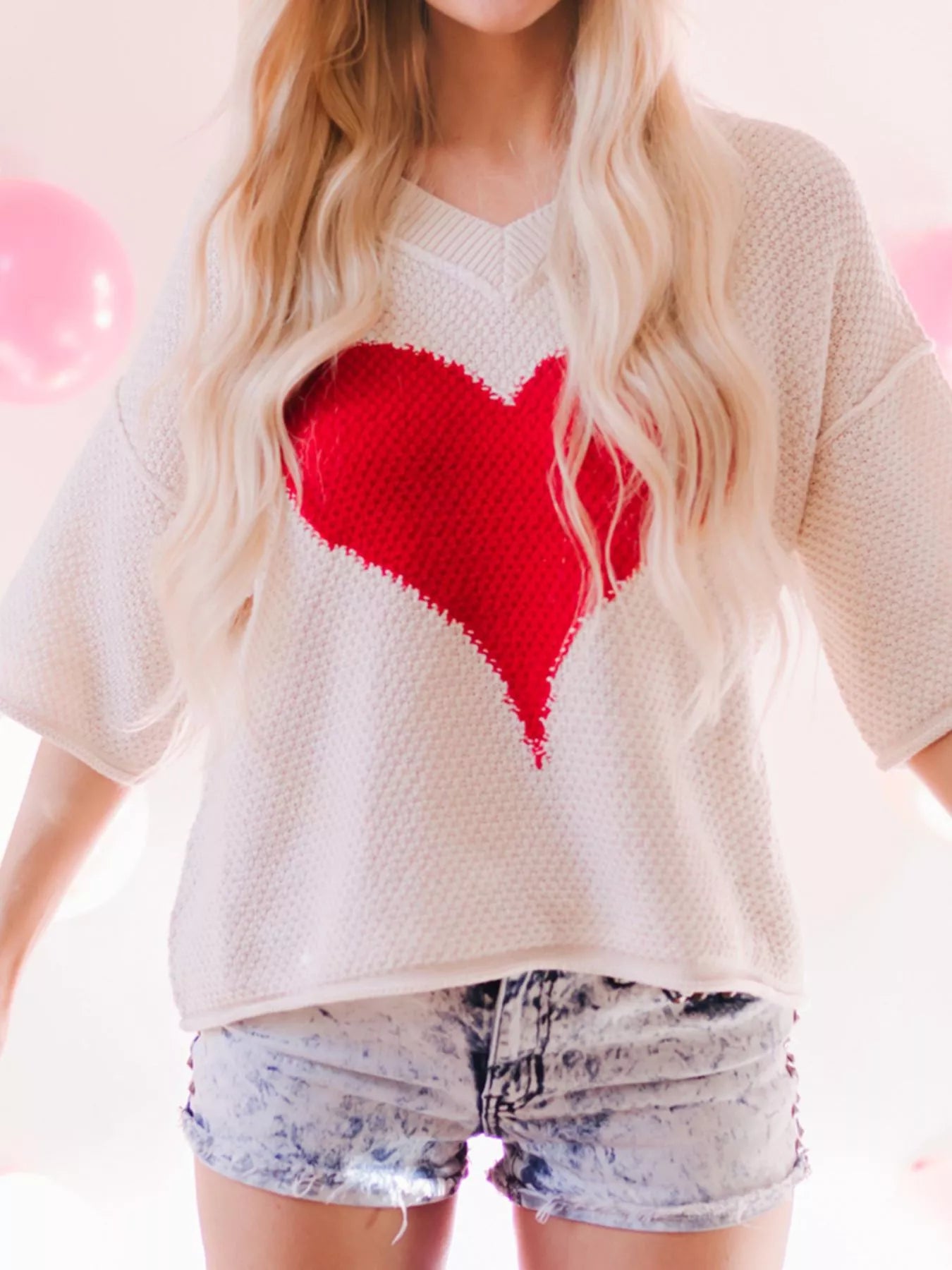 V-Neck Dropped Sleeve Heart Print Valentines Sweater