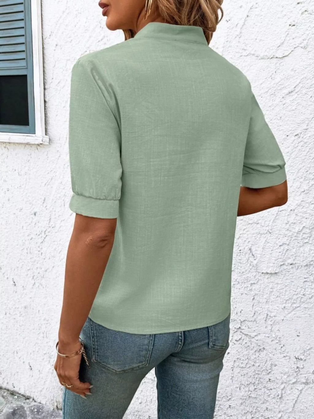 Embroidered Notched Short Sleeve Blouse