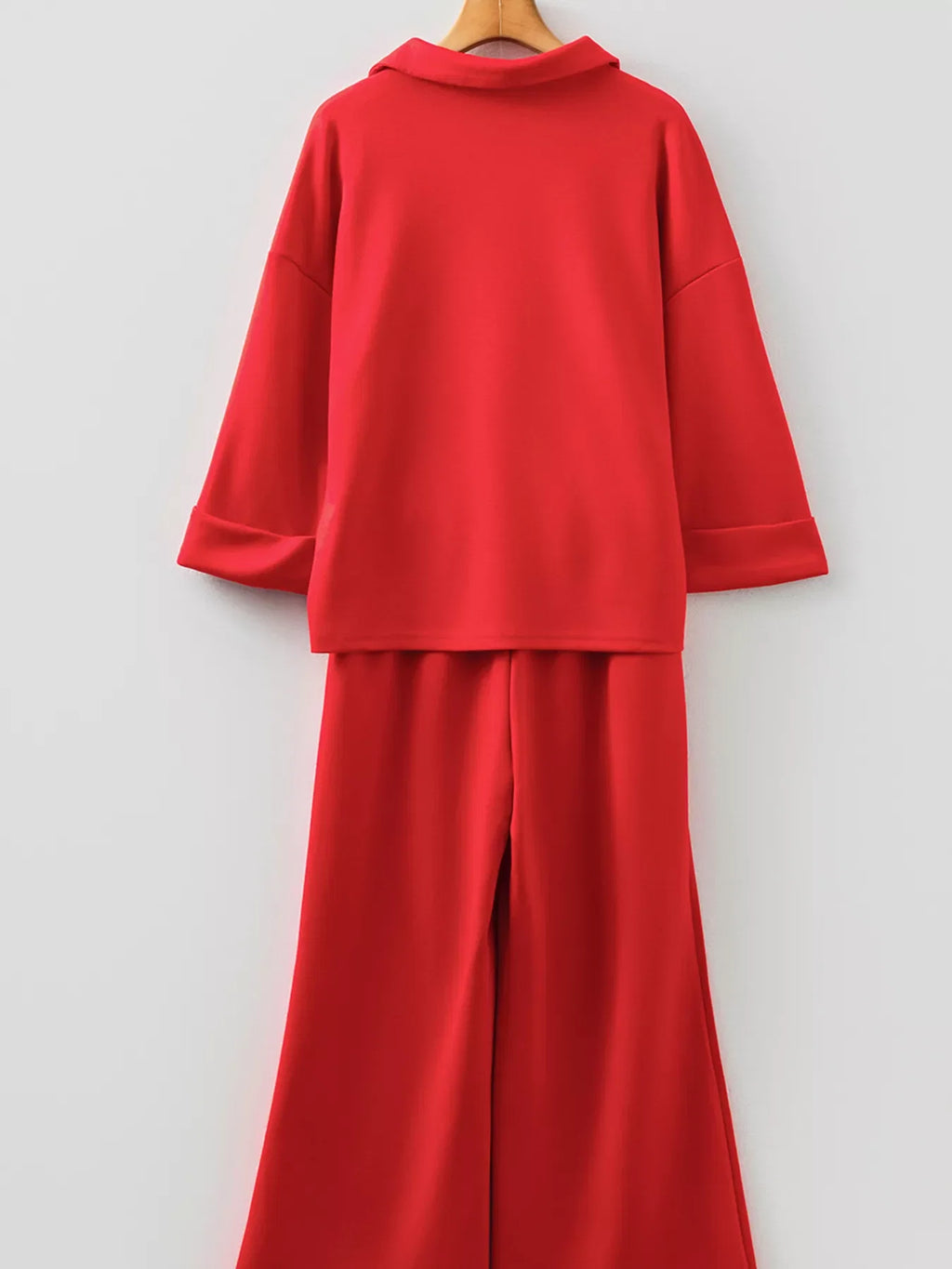 Polo Collar V Neck 3/4 Sleeve Pullover Drawstring Bell Bottom Pants 2pcs Set