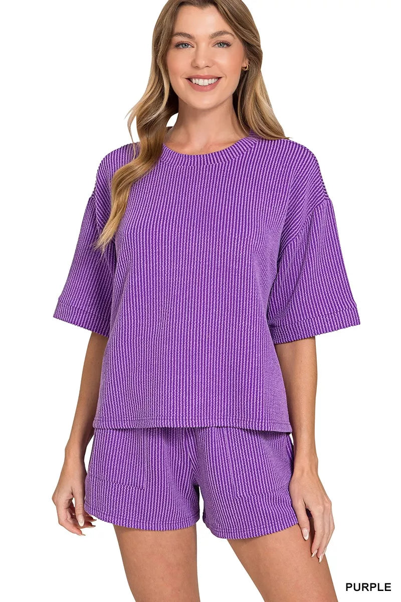 Zenana Raised Rib Short Sleeve Tee and Drawstring Shorts Set