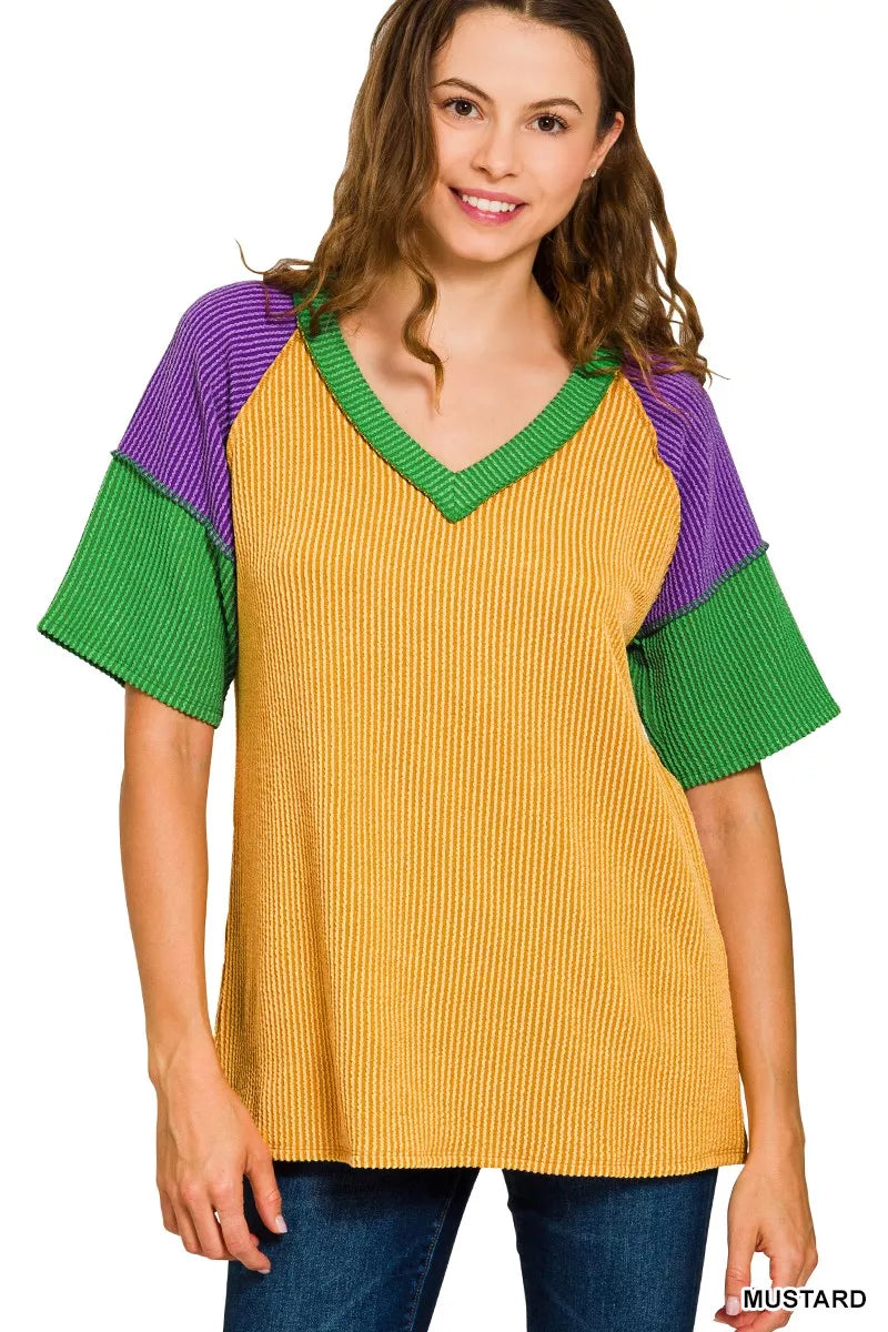 Zenana Mardi Gras Raised Rib Color Block Top
