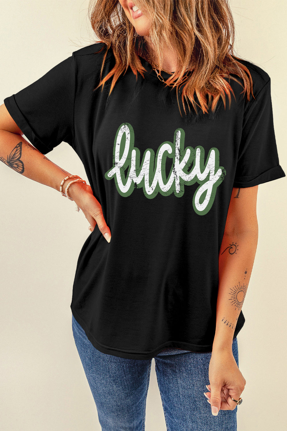 Black St Patricks Day lucky Cracked Letter Graphic T Shirt