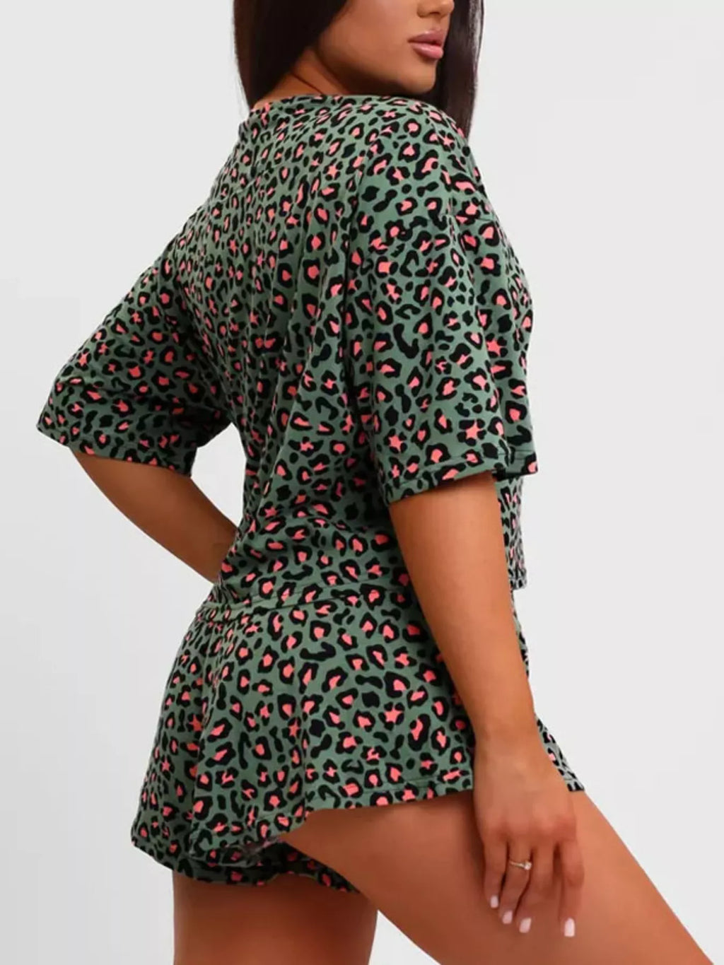 Leopard Print Relaxed Fit Tee and Shorts Lounge Set