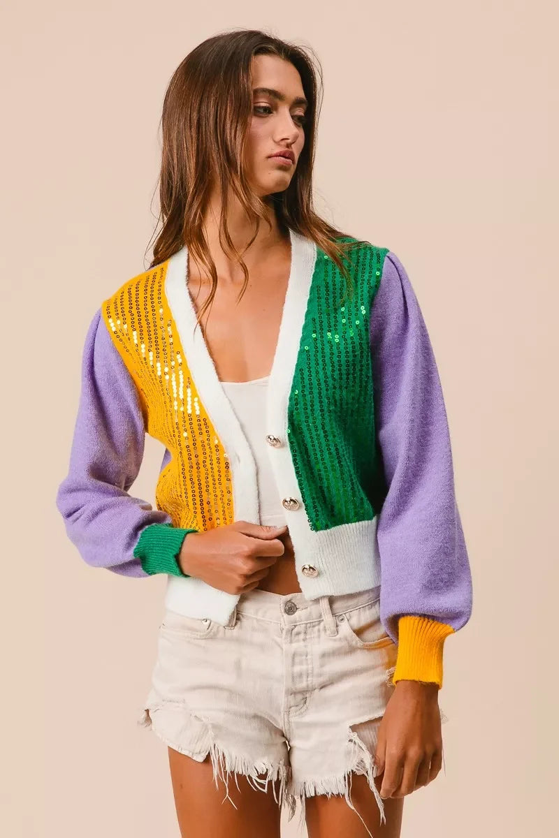 BiBi Mardi Gras Color Block Sequin Sweater Cardigan