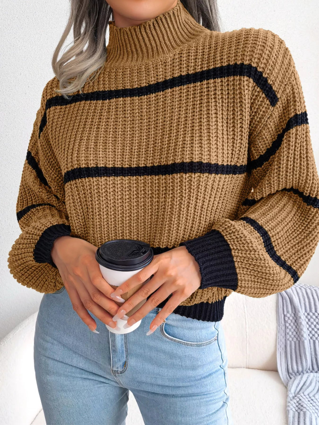 Full Size Striped Mock Neck Knit Sweater Plus Size