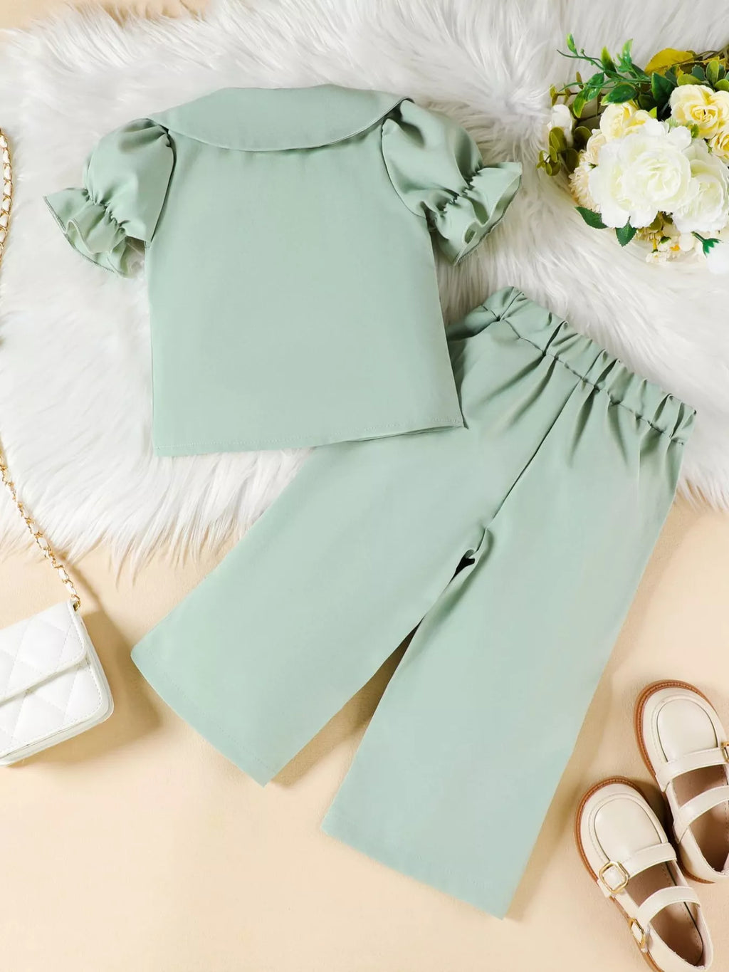 Children's Floral Decor Ruffle Trim Top & Pants Set
