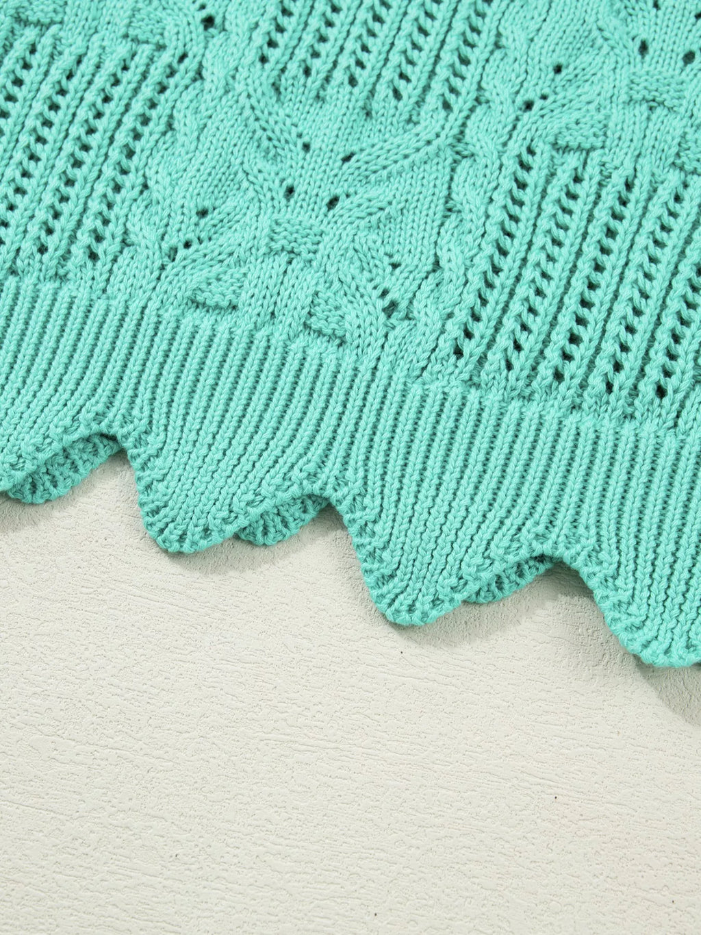 Pointelle Knit Patterned Scalloped Trim Short Sleeve Sweater