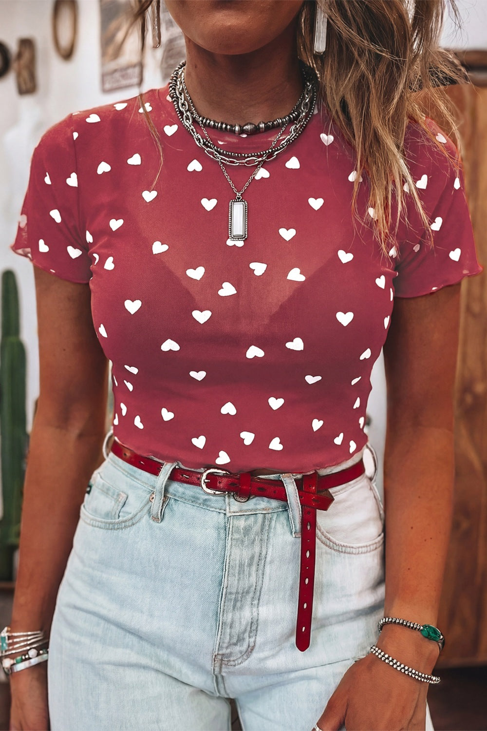 Sheer Heart Print Fitted Top
