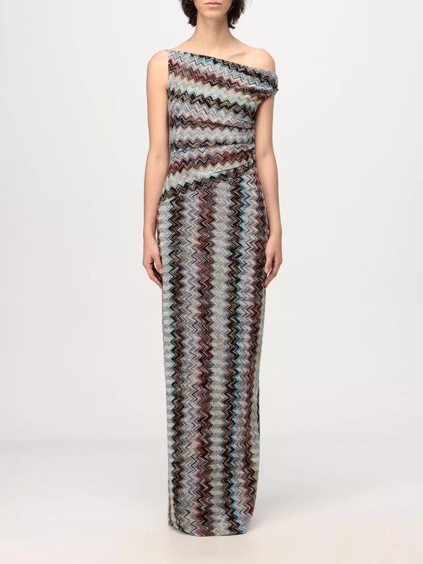One-Shoulder Zigzag Knit Maxi Dress