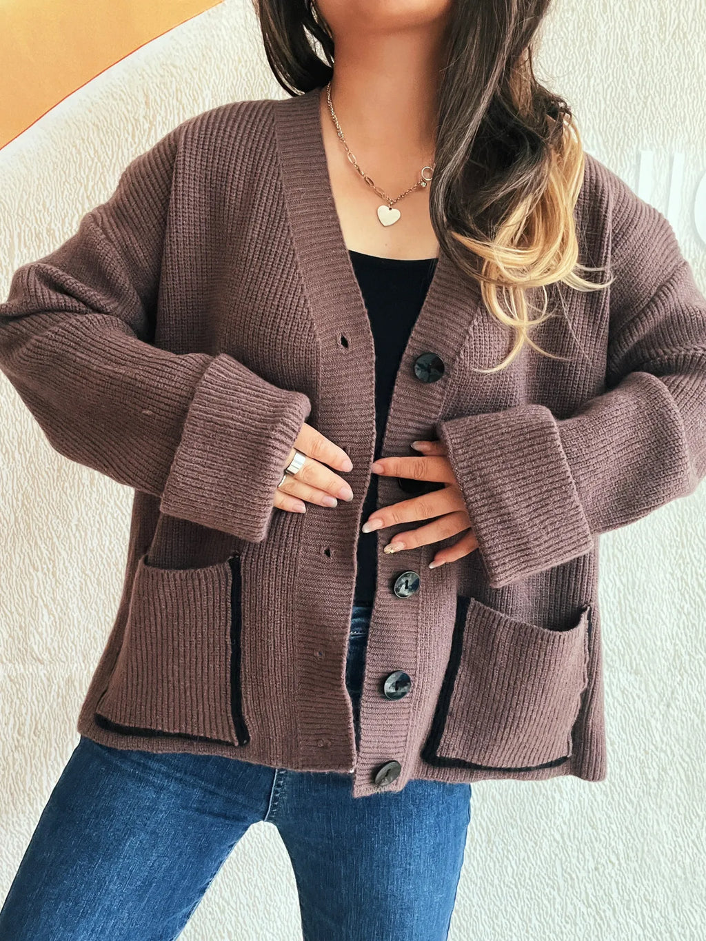 Button-Front Ribbed Cardigan with V-Neck