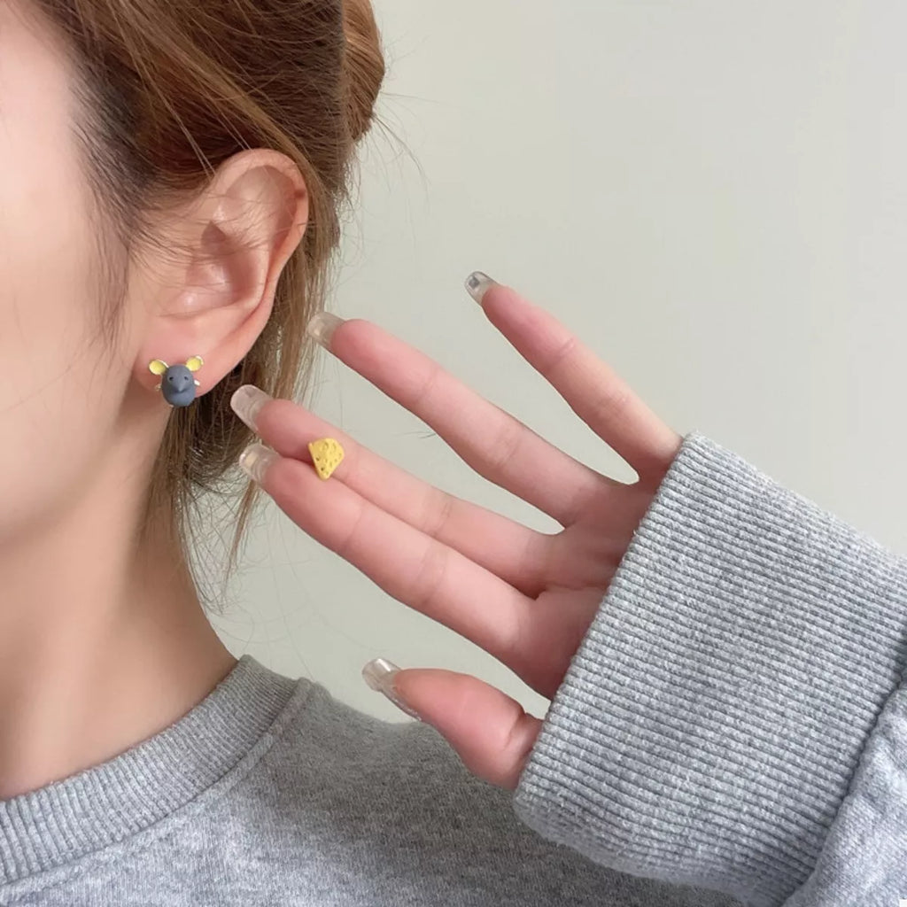Asymmetrical Mouse & Cheese Stud Earrings