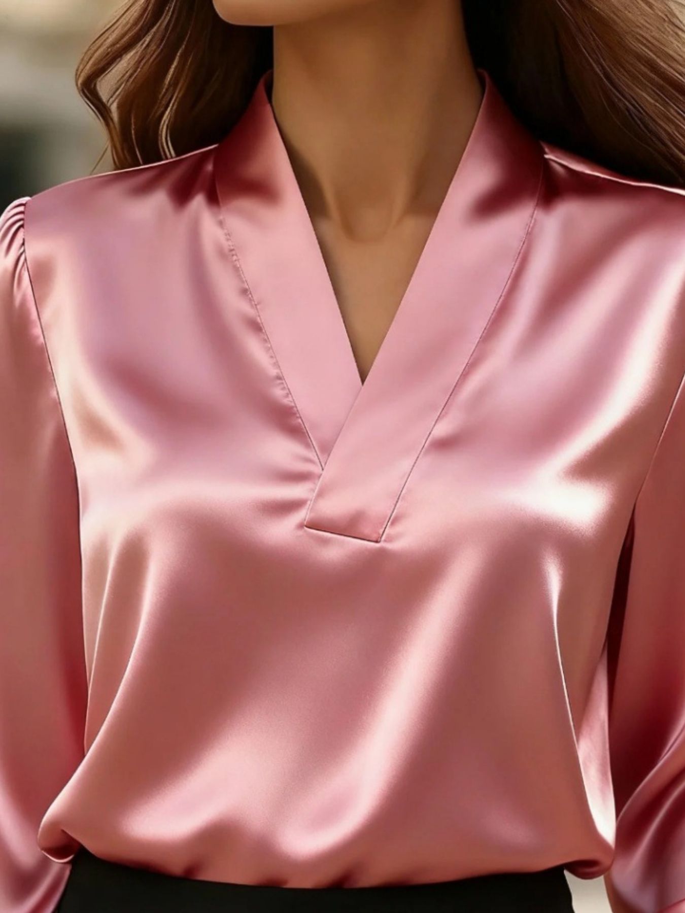 Satin V-Neck Long Sleeve Blouse