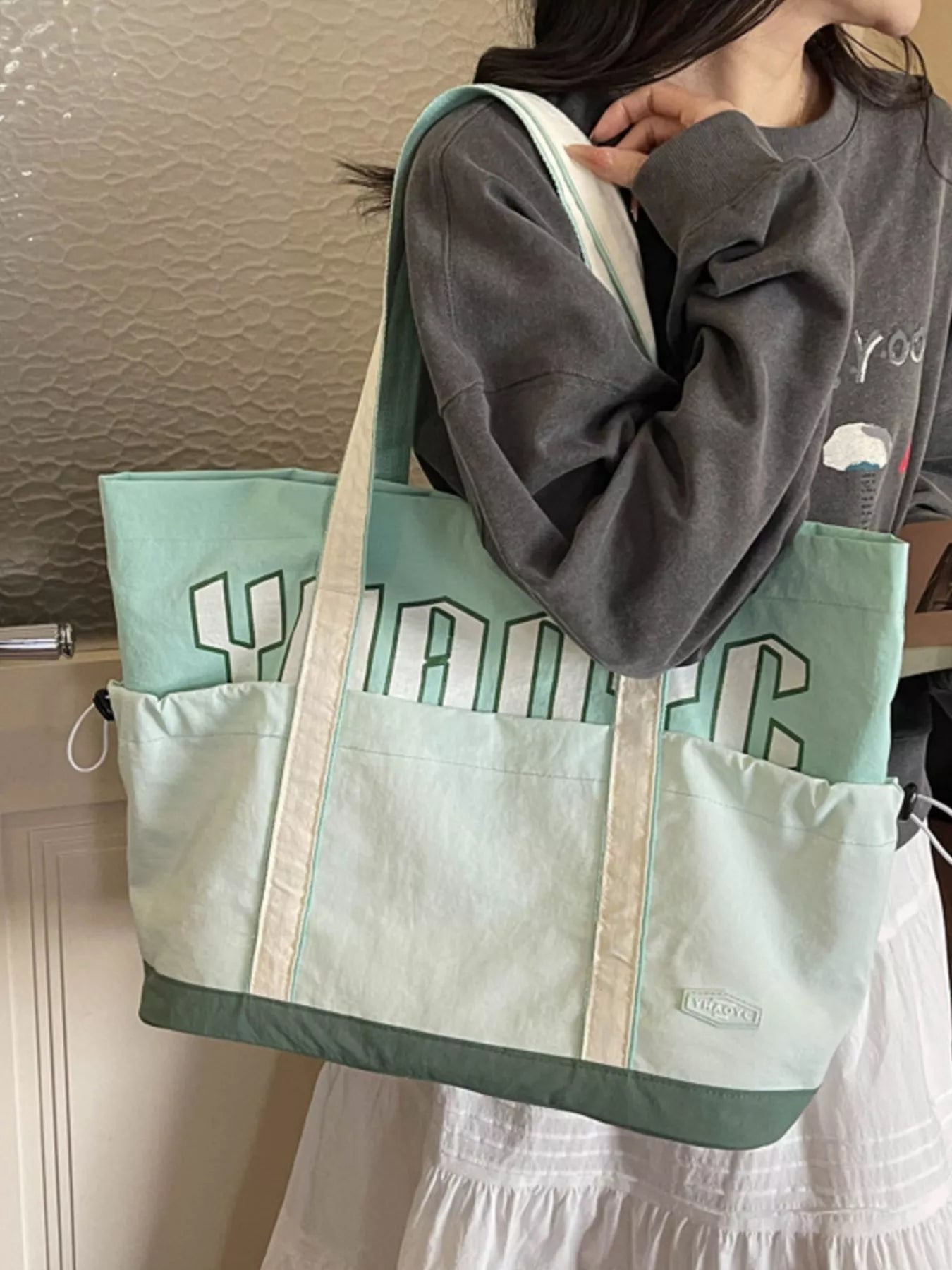 Drawstring Letter Shoulder Bag