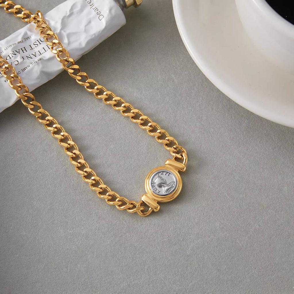18K Gold-Plated Vintage Coin Charm Curb Chain Necklace