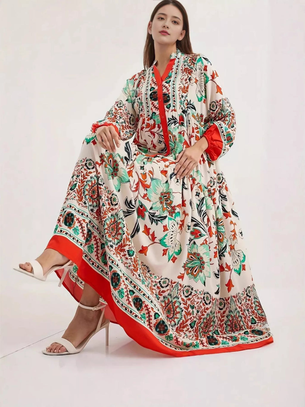 Printed Notched Long Sleeve Maxi Dress