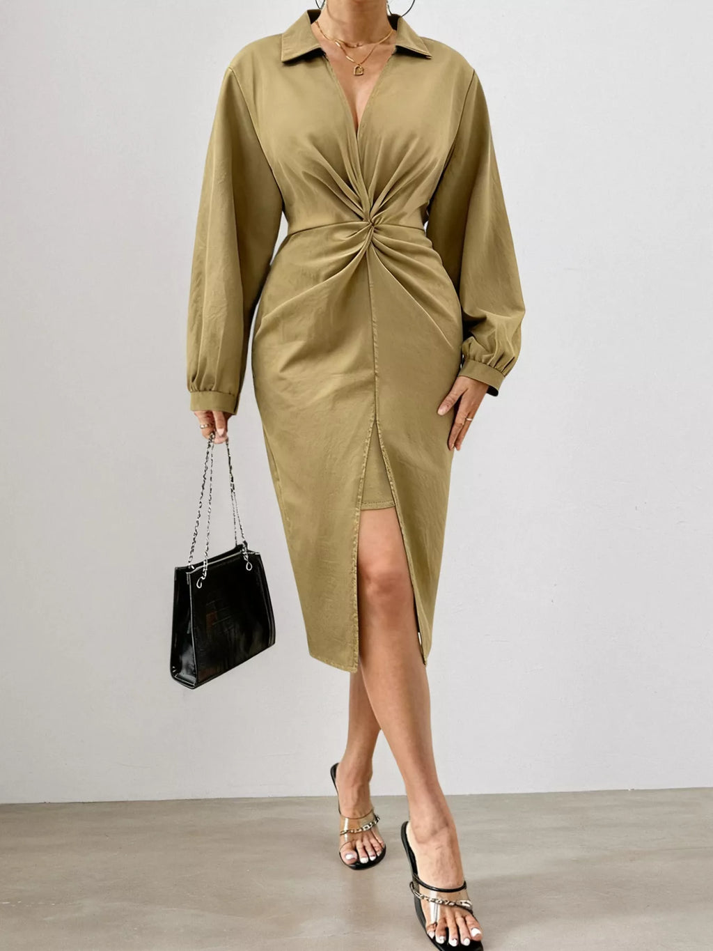 Plus Size Twist Front Split Midi Dress