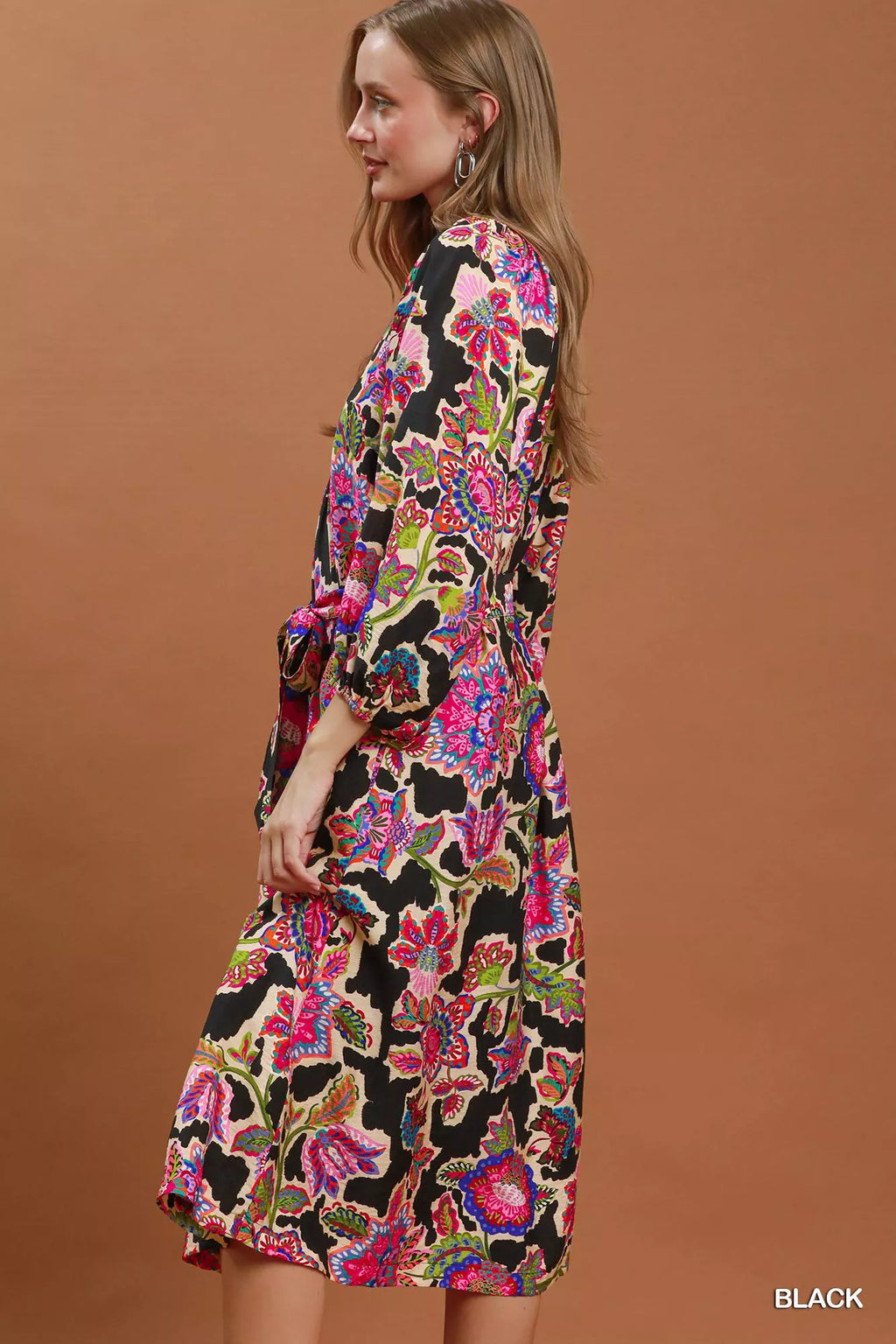 Umgee Abstract Print Embroidered Belted Midi Dress