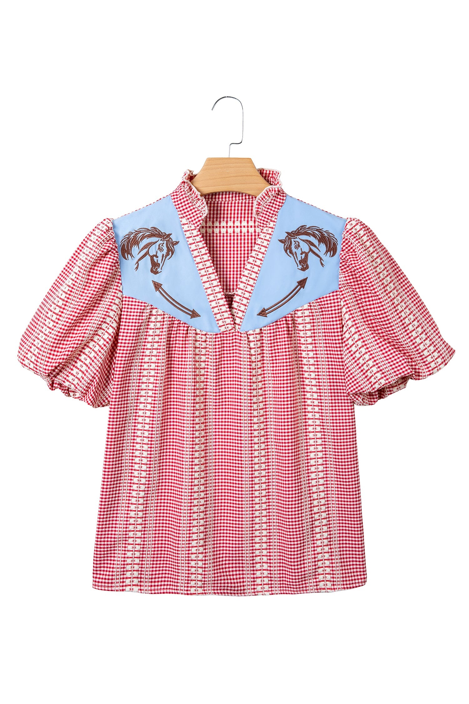 Western Pony Embroidered Gingham Puff Sleeve Blouse