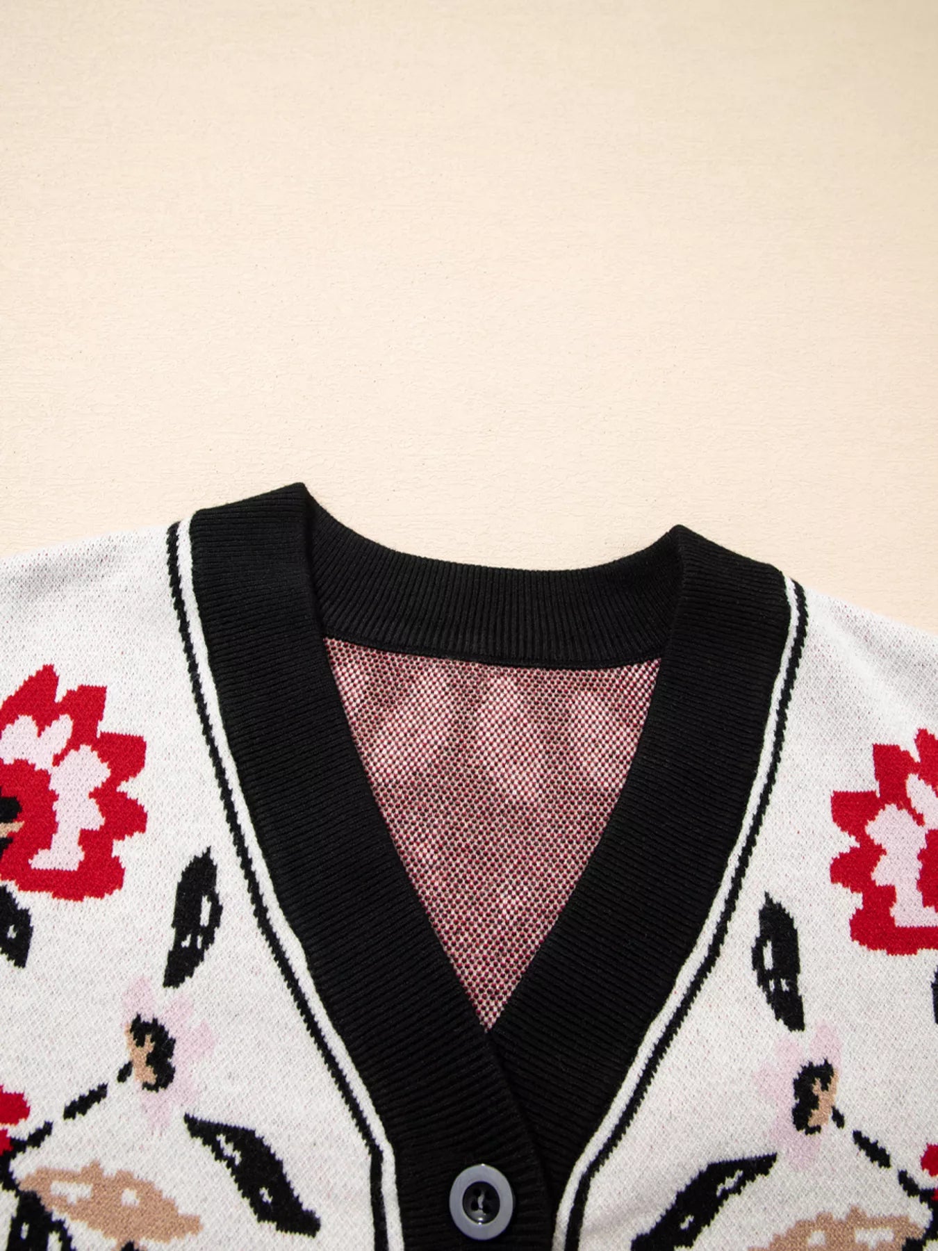 Floral Button Down Cardigan with Geometric Border