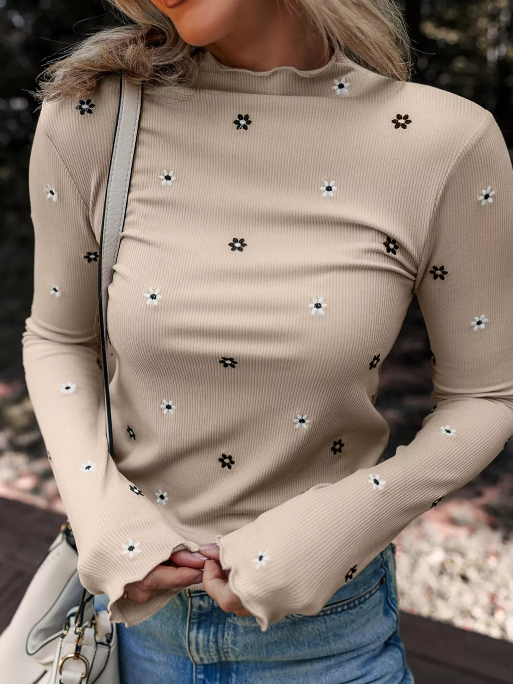 Floral Embroidered Detail Ribbed Long Sleeve Top
