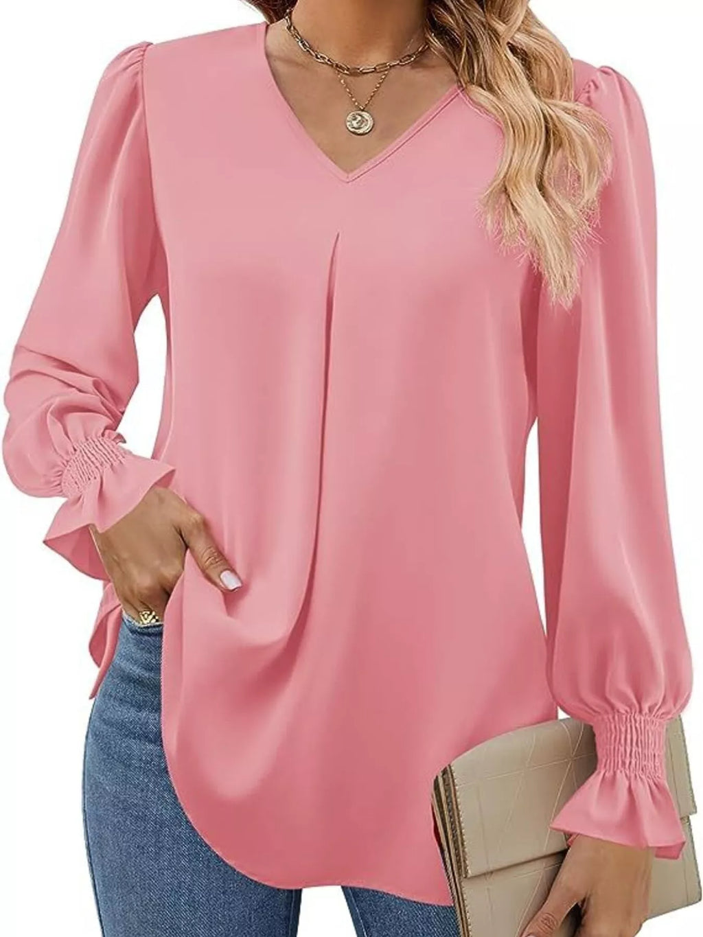 V-Neck Long Sleeve Ruffle Cuff Blouse