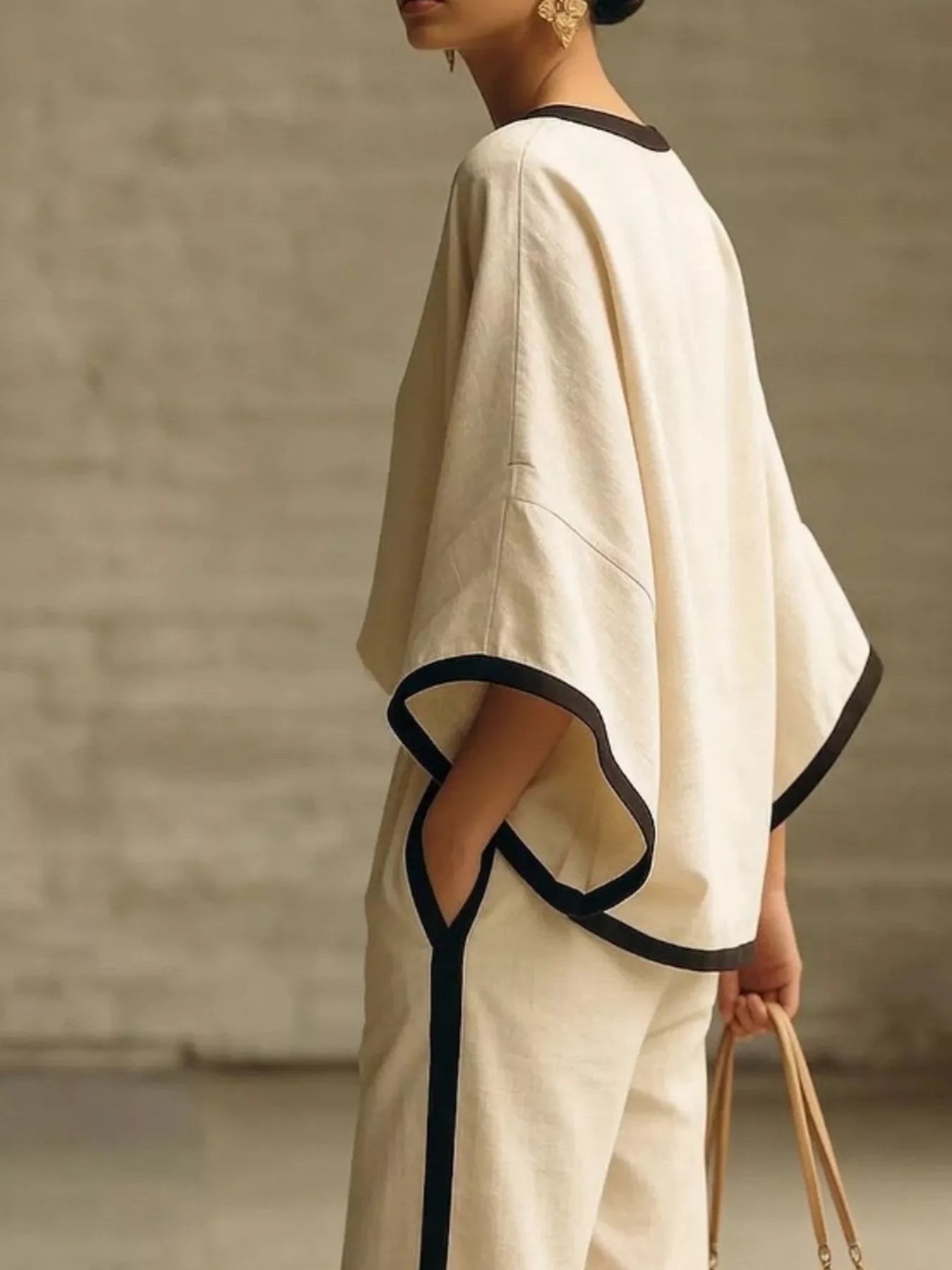 Full Size Contrast Trim Top and Wide-Leg Pants Set Plus Size