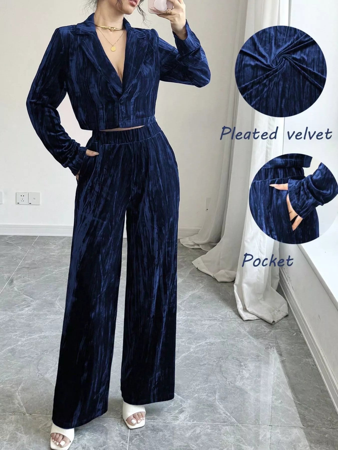 Pleated Velvet Blazer & Wide Leg Pants Set