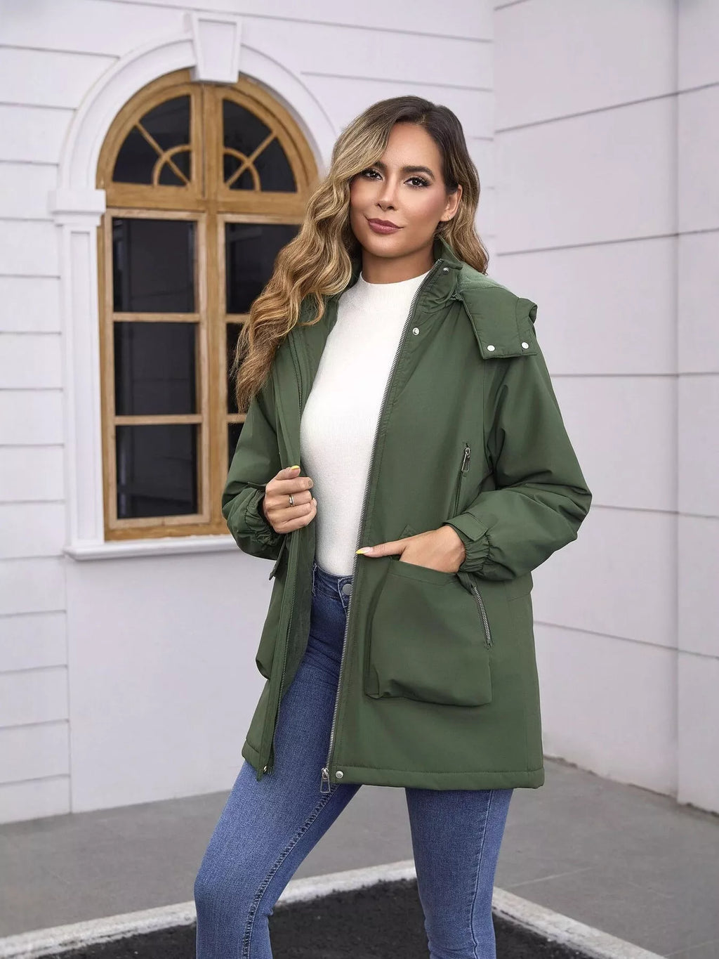 Full Size Zip Up Hooded Parka Outerwear Plus Size